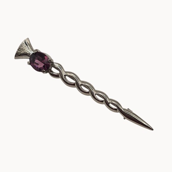 Silver-Tone Celtic Weave Scepter Point Amethyst Purple Rhinestone Brooch Pin - Picture 1 of 11